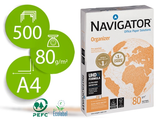 [28237] Papel fotocopiadora navigator din a4 80 gramos 4 taladros papel multiuso ink-jet y laser paquete de 500 hojas