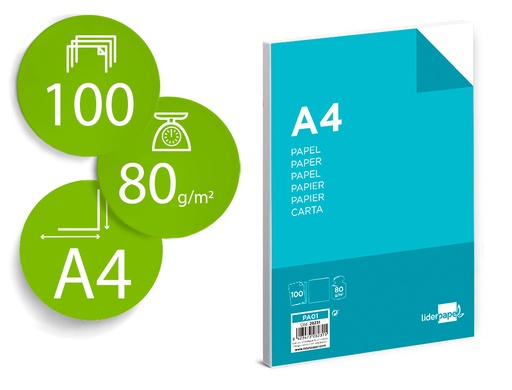 [28231] Papel liderpapel a4 80g/m2 liso paquete de 100 hojas