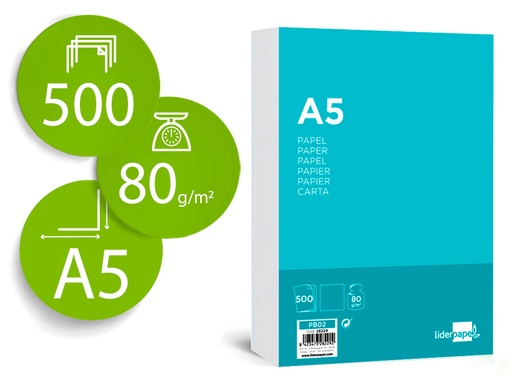 [28229] Papel liderpapel a5 80g/m2 liso paquete de 500 hojas
