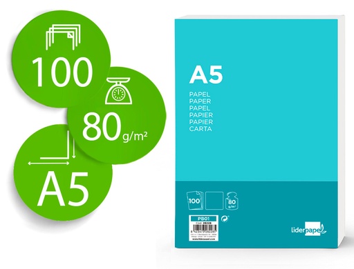 [28228] Papel liderpapel a5 80g/m2 liso paquete de 100 hojas