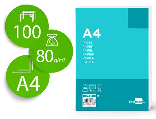 [27795] Papel liderpapel a4 80g/m2 sin taladros cuadro 4 mm paquete de 100 hojas