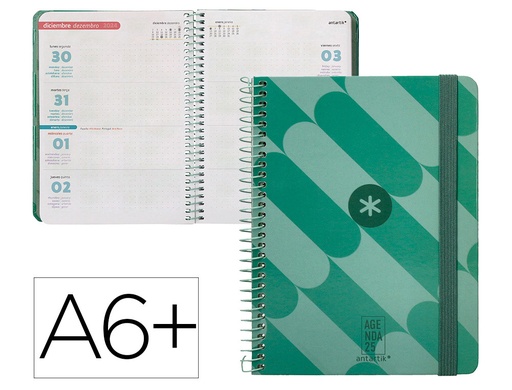 [170556] Agenda espiral antartik pattern a6+ 2025 semana vista color verde papel 80 gr