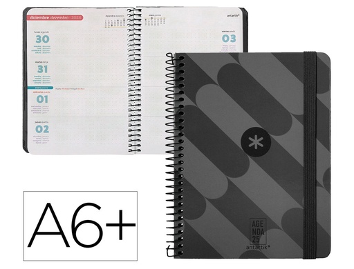[170554] Agenda espiral antartik pattern a6+ 2025 semana vista color negro papel 80 gr