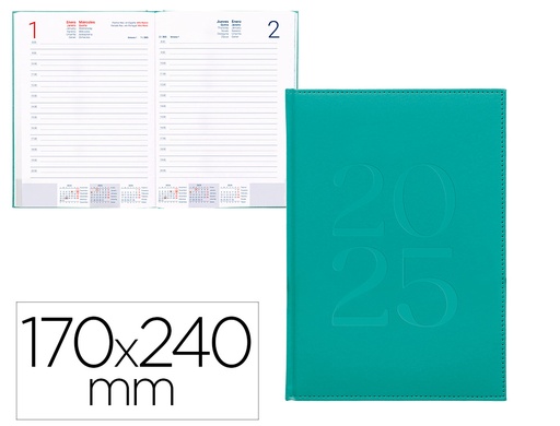 [170496] Agenda encuadernada liderpapel creta 170x240 mm 2025 dia pagina color turquesa papel 70 gr