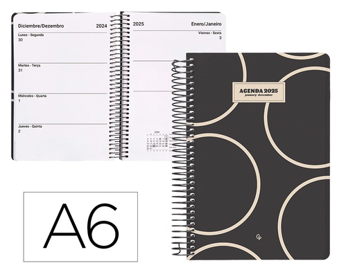 [170396] Agenda espiral liderpapel classic a6 2025 semana vista color blanco y negro 2 papel 70 gr