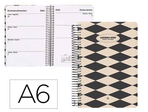 [170395] Agenda espiral liderpapel classic a6 2025 semana vista color blanco y negro 1 papel 70 gr