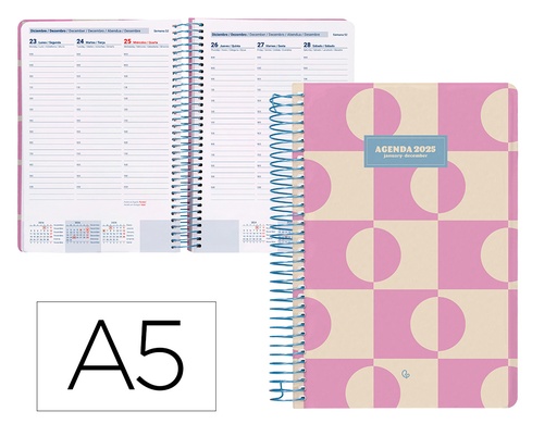 [170389] Agenda espiral liderpapel classic a5 2025 semana vista color rosa papel 70 gr