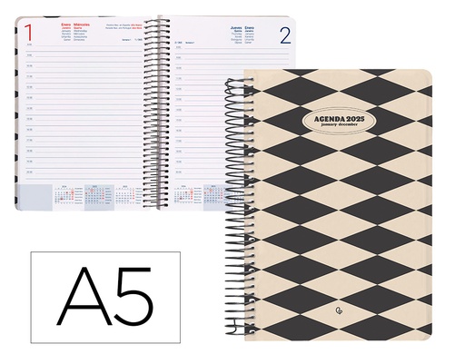 [170387] Agenda espiral liderpapel classic a5 2025 dia pagina color blanco y negro papel 70 gr