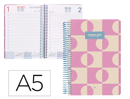 [170385] Agenda espiral liderpapel classic a5 2025 dia pagina color rosa papel 70 gr