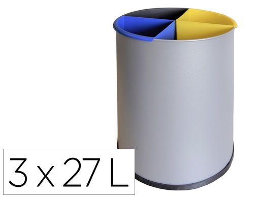 [167858] Papelera metalica sie para reciclaje con 3 departamento extraible 3x27 litros 300x295 mm, color plata