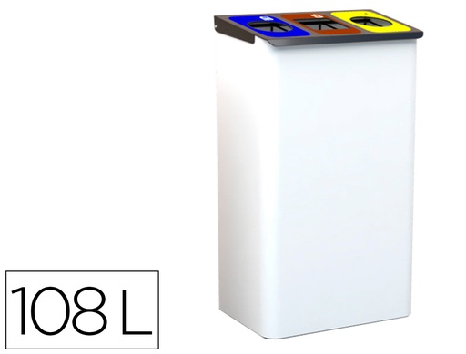 [167853] Papelera metalica sie para reciclaje con 3 departamentos 108 litros color blanco 830x500x260 mm