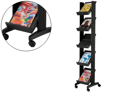 [52806] Expositor paperflow de suelo movil 5 estantes de 275x327mm color negro tamaño del expositor 350x1675x385 mm