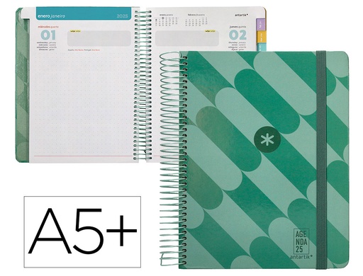 [170552] Agenda espiral antartik pattern a5+ 2025 dia pagina color verde papel 80 gr