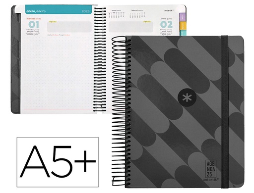 [170550] Agenda espiral antartik pattern a5+ 2025 dia pagina color negro papel 80 gr