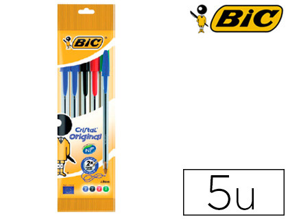 [63374] Boligrafo bic cristal original bolsa de 5 unidades colores surtidos 2 azul /1 negro /1 rojo /1 verde