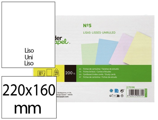 [171404] Tarjeta liderpapel para estudiar lisa cartulina de colores 170 gr/m2 160x220mm paquete de 200 unidades