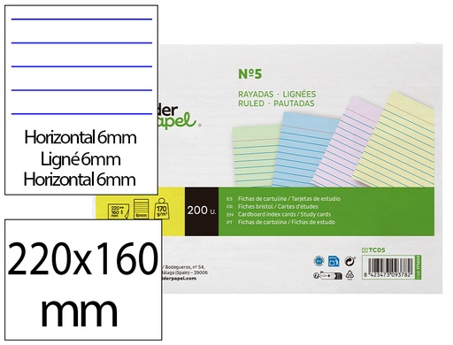 [171403] Tarjeta liderpapel para estudiar rayada cartulina de colores 170 gr/m2 160x220mm paquete de 200 unidades