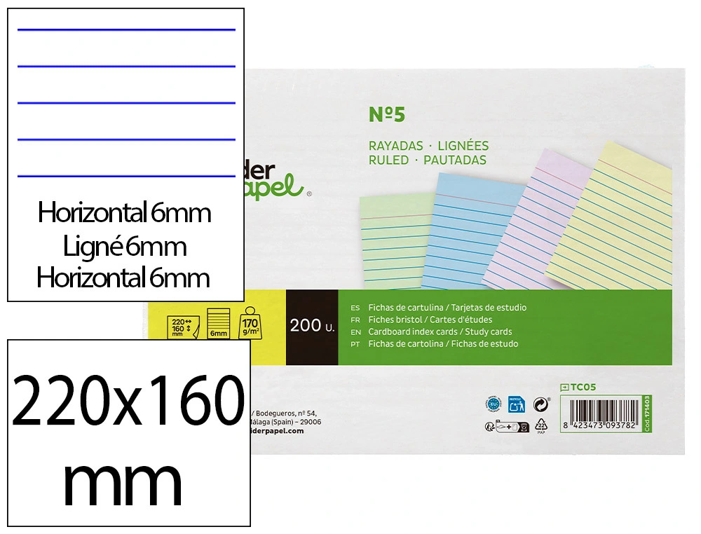 [171403] Tarjeta liderpapel para estudiar rayada cartulina de colores 170gr 160x220mm paquete de 200 unidades