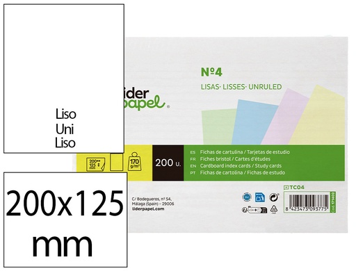 [171402] Tarjeta liderpapel para estudiar lisa cartulina de colores 170 gr/m2 125x200mm paquete de 200 unidades