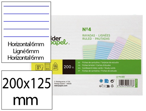 [171401] Tarjeta liderpapel para estudiar rayada cartulina de colores 170 gr/m2 125x200mm paquete de 200 unidades