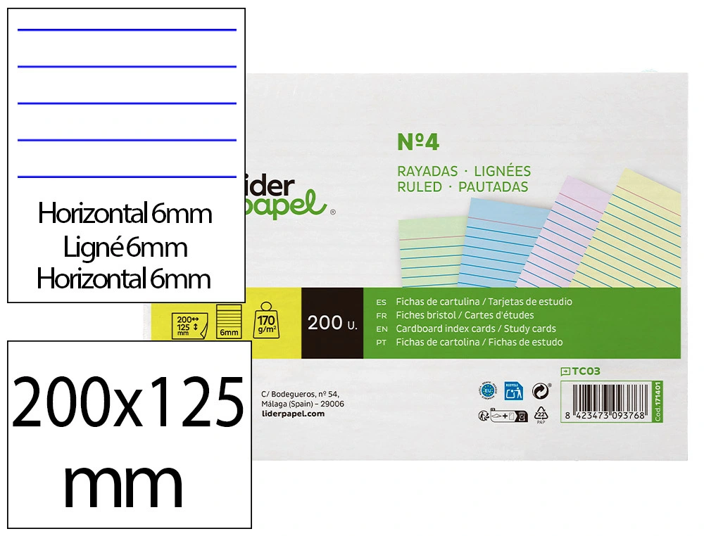 [171401] Tarjeta liderpapel para estudiar rayada cartulina de colores 170gr 125x200mm paquete de 200 unidades