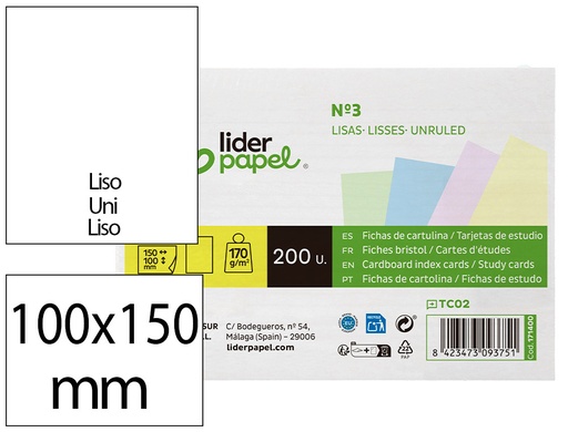 [171400] Tarjeta liderpapel para estudiar lisa cartulina de colores 170 gr/m2 100x150mm paquete de 200 unidades