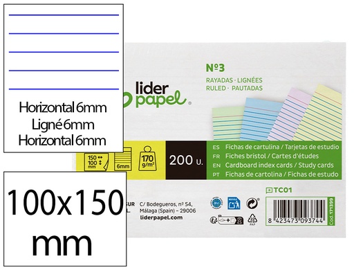 [171399] Tarjeta liderpapel para estudiar rayada cartulina de colores 170 gr/m2 100x150mm paquete de 200 unidades