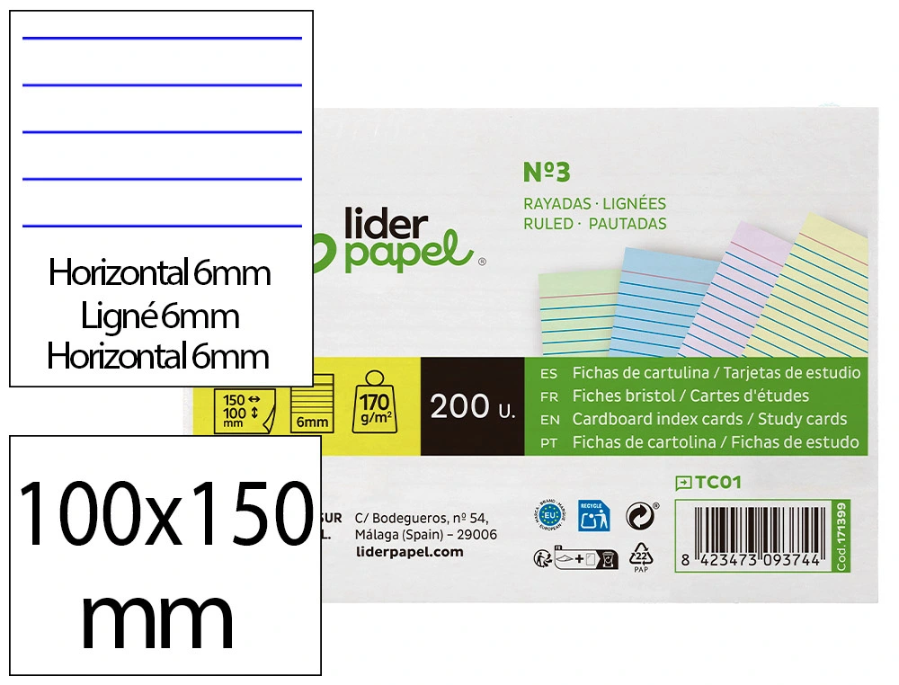 [171399] Tarjeta liderpapel para estudiar rayada cartulina de colores 170gr 100x150mm paquete de 200 unidades