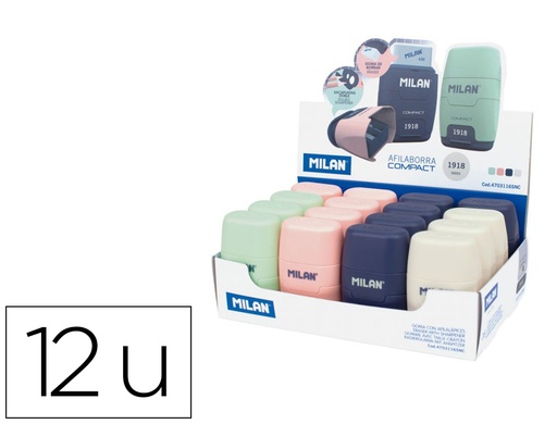 [167302] Sacapuntas milan compact serie 1918 plastico 2 usos con goma de borrar expositor de 16 unidades colores