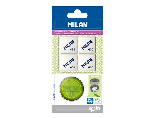 [161333] Sacapuntas milan spin plastico 1 uso + 4 gomas de borrar 430