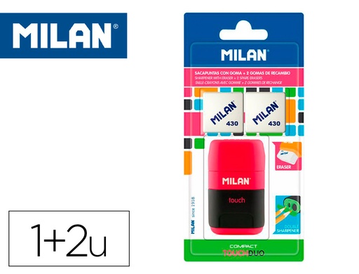 [161332] Sacapuntas milan compact touch duo plastico 2 usos con goma + 2 recambios de goma en blister