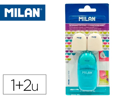 [161331] Sacapuntas milan capsule plastico 1 uso con goma + 2 recambios de goma en blister