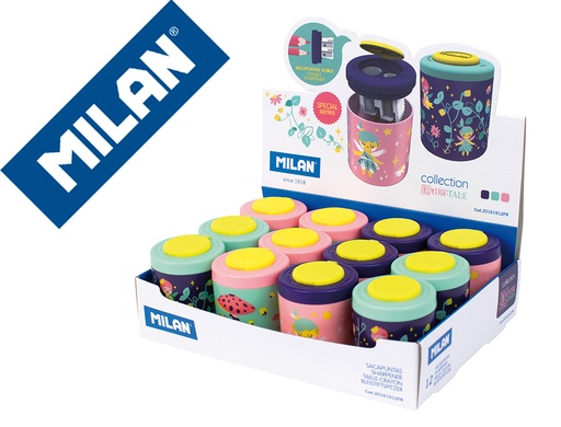 [155367] Sacapuntas milan 2 usos con deposito fairy tale expositor de 12 unidades colores surtidos
