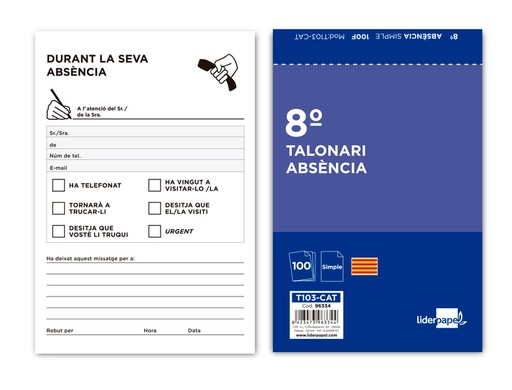 [96334] Talonario liderpapel ausentes octavo original t103 texto en catalan