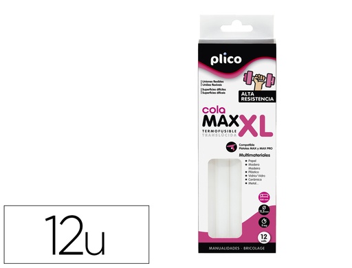 [167275] Barra termofusible plico cola extrafuerte max xl 11,5 mm de diametro x 200 mm de alto blister de 12 unidades