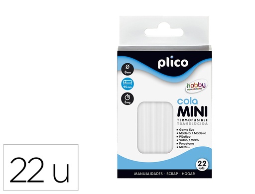 [155933] Barra termofusible plico mini translucida 8 mm de diamero x 100 mm de alto blister 22 unidades
