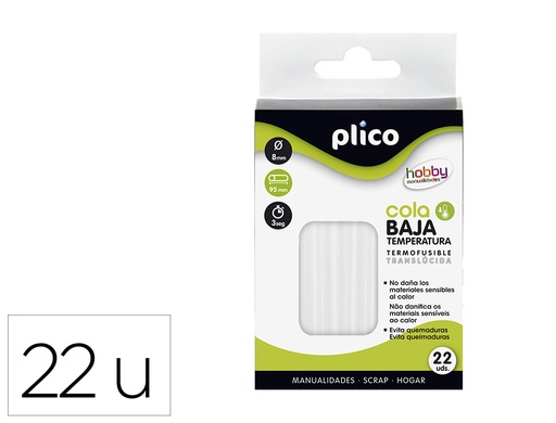 [153625] Barra termofusible plico cola baja temperatura 8 mm de diametro x 95 mm de alto blister de 22 unidades