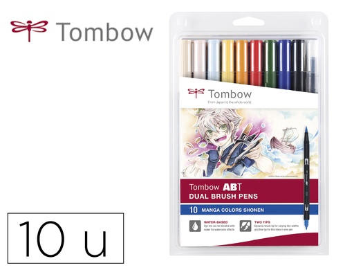[167513] Rotulador tombow abt dual brush acuarelable doble punta fina/pincel estuche de 10 colores manga shonen