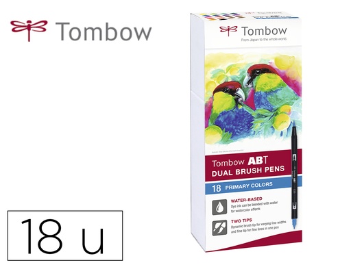 [167510] Rotulador tombow abt dual brush acuarelable doble punta fina/pincel estuche de 18 colores primarios