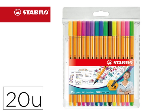 [167497] Rotulador stabilo punta de fibra point 88 estuche de 15 unidades colores surtidos + 5 colores neon