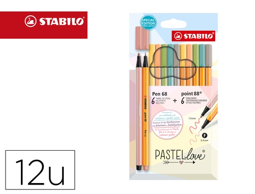 [167476] Rotulador stabilo punta de fibra point 88 + pen 68 pastel love estuche de carton de 12 colores surtidos