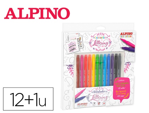 [166666] Set de dibujo alpino iniciacion al lettering 12 rotuladores punta fina y punta pincel colores surtidos