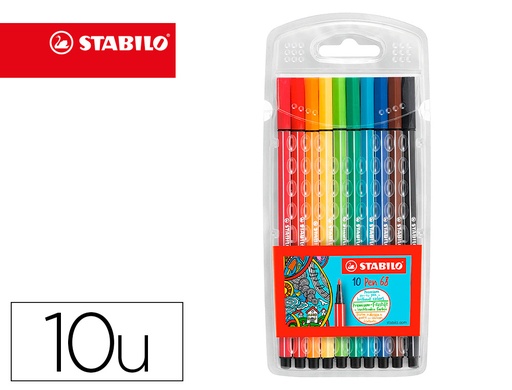 [165030] Rotulador stabilo acuarelable pen 68 estuche carton de 10 unidades colores surtidos