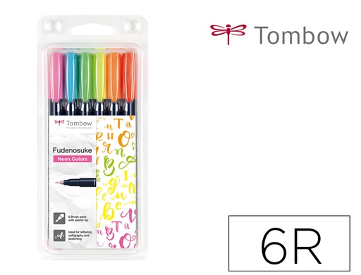 [157206] Rotulador tombow fudenosuke tinta base de agua punta pincel dura estuche de 6 unidades colores neon