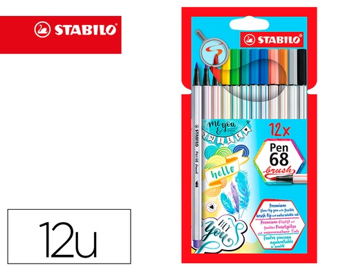 [155853] Rotulador stabilo acuarelable pen 68 brush punta pincel estuche de 12 unidades colores surtidos