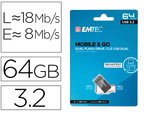 [166612] Memoria emtec usb 3.2 dual mobile & go type-c /usb 64 gb
