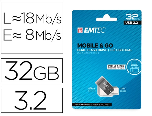 [166611] Memoria emtec usb 3.2 dual mobile & go type-c /usb 32 gb
