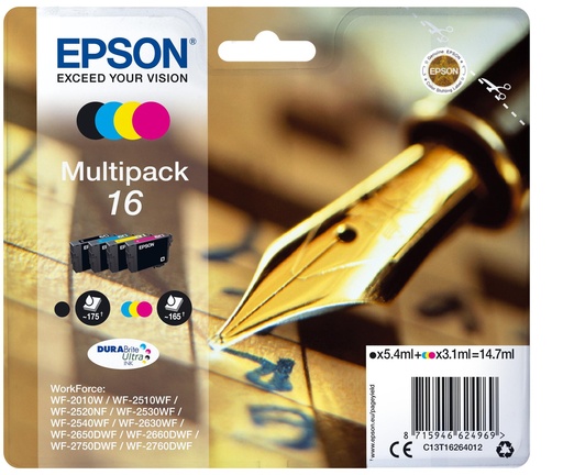 [15570] [C13T16264022] Epson DURABrite Ultra Ink Cartucho 16 Multipack 4 colores (Blister+ Alarma acustico/Radiofrecuencia)