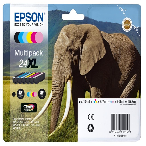 [15628] [C13T24384021] Epson Claria Photo HD Ink Cartucho Multipack 6 colores 24Xl (Alarma Radiofrecuencia)