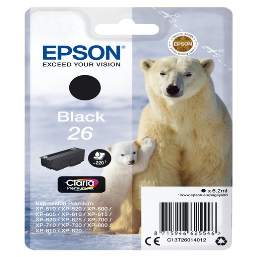 [15554] [C13T26014022] Epson Claria Premium Cartucho negro 26 (Blister + Alarma acustico/Radiofrecuencia)